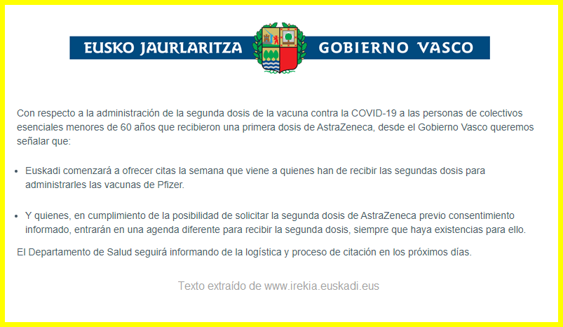 VOSTeuskadi's tweet photo. ℹ️ NOTA INFORMATIVA del @Gob_eus sobre la segunda dosis de la vacuna de @AstraZeneca.

#COVID19 https://t.co/2N5jJUcSPs