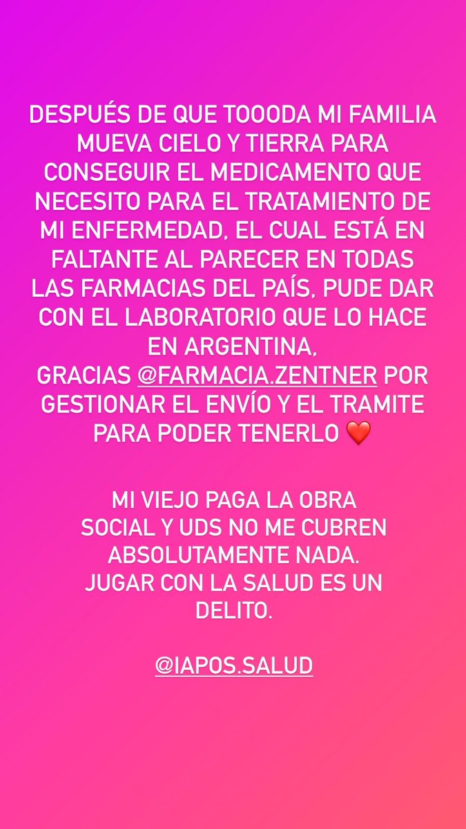 danivvsanchez's tweet photo. Iapos me está negando el derecho a la salud. Y hoy, que me deberían proveer de un medicamento extremadamente difícil de conseguir (al parecer, no hay en ninguna droguería del país), no lo hacen. 
Lo tengo que pagar 100%. Pero necesito conseguirlo. https://t.co/nzf5aoW2M5