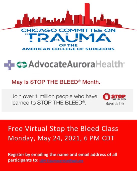ChicagoTrauma (@chicagocot) on Twitter photo Virtual Stop the Bleed Class
Monday, May 24, 2021, 6 PM CDT
FREE to Register: Email name and email address to: LGH-Traumaservice@aah.org Â
Supplies:
1. Gauze or piece of cloth
2. Fake limb or pillow/ stuffed animal,
3. Optional: commercial tourniquet (recommend CAT type) Virtual Stop the Bleed Class
Monday, May 24, 2021, 6 PM CDT
FREE to Register: Email name and email address to: LGH-Traumaservice@aah.org Â
Supplies:
1. Gauze or piece of cloth
2. Fake limb or pillow/ stuffed animal,
3. Optional: commercial tourniquet (recommend CAT type)