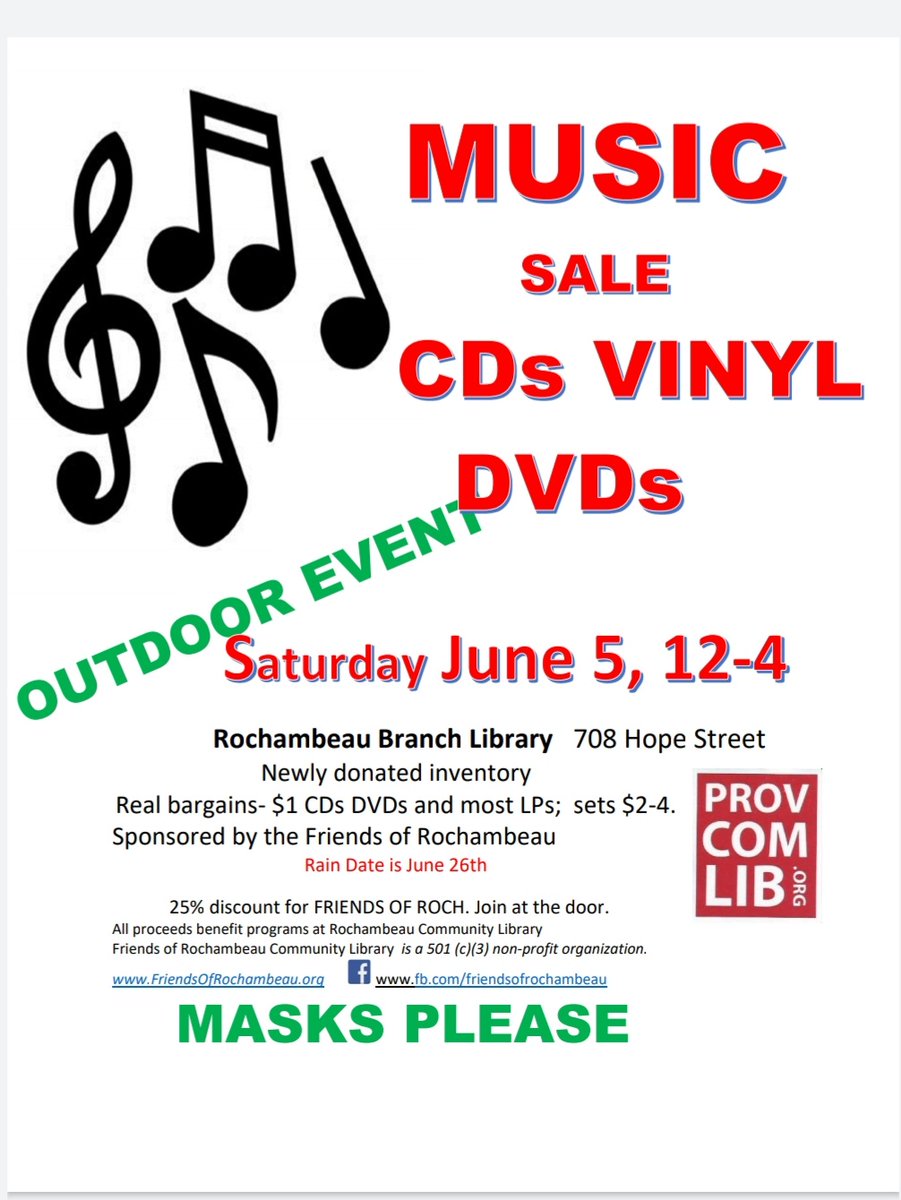 MEDIA SALE Is BACK! at Rochambeau Branch Library on Sat, June 5 from 12-4 PM. 
1000s of gently used CDs, LPs, DVDs priced $1 - $4. Proceeds benefit programs &amp; acquisitions at Rochambeau Library &amp; Prov Community Library. Sponsored by the Friends of Rochambeau Inc, a 501c3 entity.