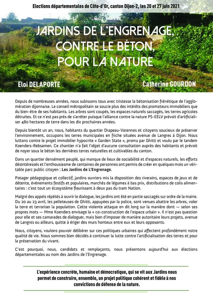 JardinEngrenage's tweet image. 🔴 Profession de foi 🔴

La préparation des élections continue pour "les jardins de l'Engrenage, contre le béton, pour la nature" avec la présentation et la diffusion de la profession de foi.

Contre le Béton à outrance, votez pour les jardins en résistance !!!