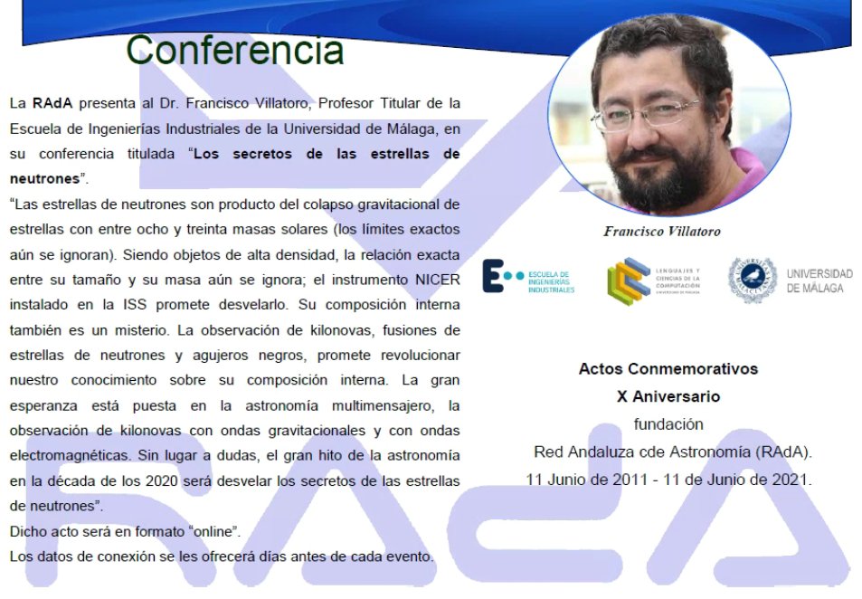 emulenews's tweet image. El próximo domingo, 11 de junio, impartiré la charla online "Los secretos de las estrellas de neutrones” en los Actos Conmemorativos del X Aniversario de la fundación de la Red Andaluza de Astronomía (RAdA) @astronomiaRAdA