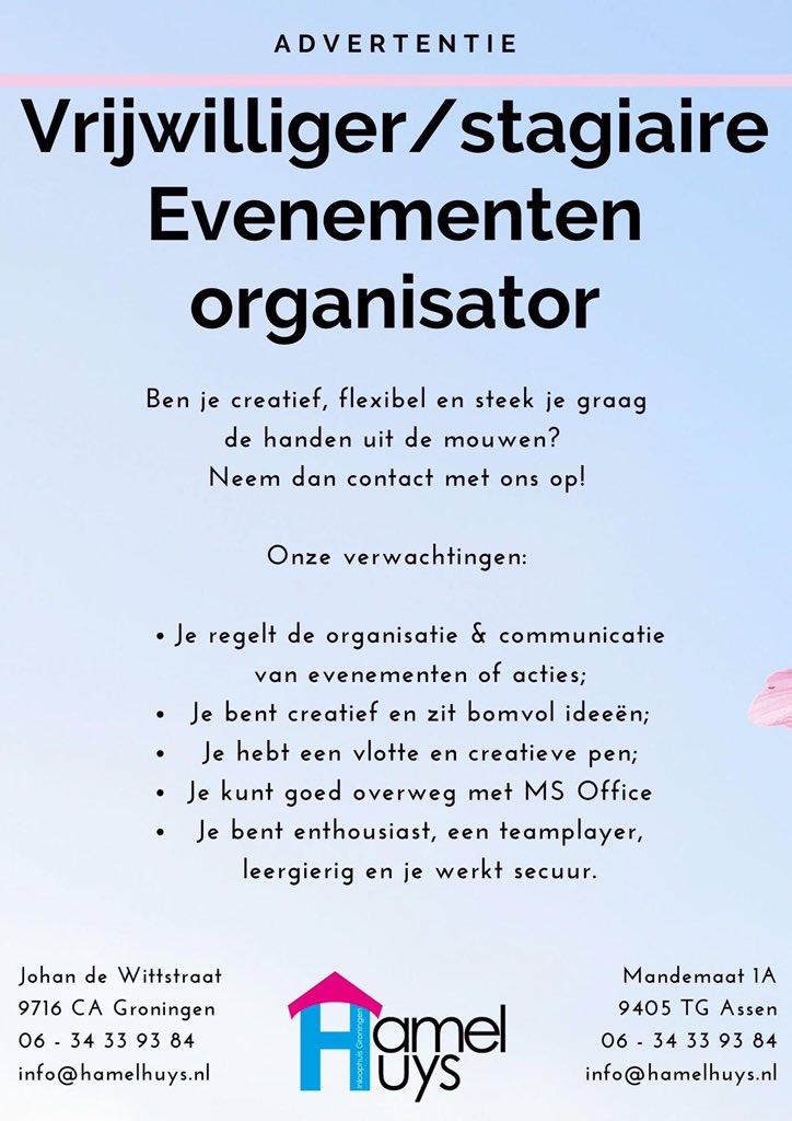 Wij hebben een mooie #vacature voor een #vrijwilliger of #stagiair
