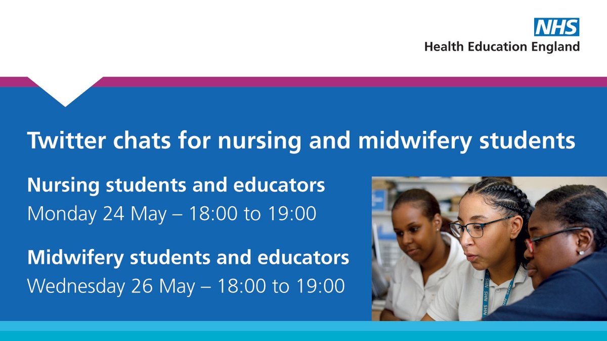 📣 Nursing and midwifery students and educators - dates for your diaries next week 🗓️ 

Talk to our nursing &amp; midwifery team &amp; some brilliant colleagues from <a href="/nmcnews/">Nursing and Midwifery Council</a> at the #FutureNursesChat on Monday and #FutureMidwivesChat on Wednesday 🙌 

<a href="/teamCNO_/">teamCNO 💙</a> <a href="/MRadford_HEECN/">Prof Mark Radford CBE PhD RN</a>