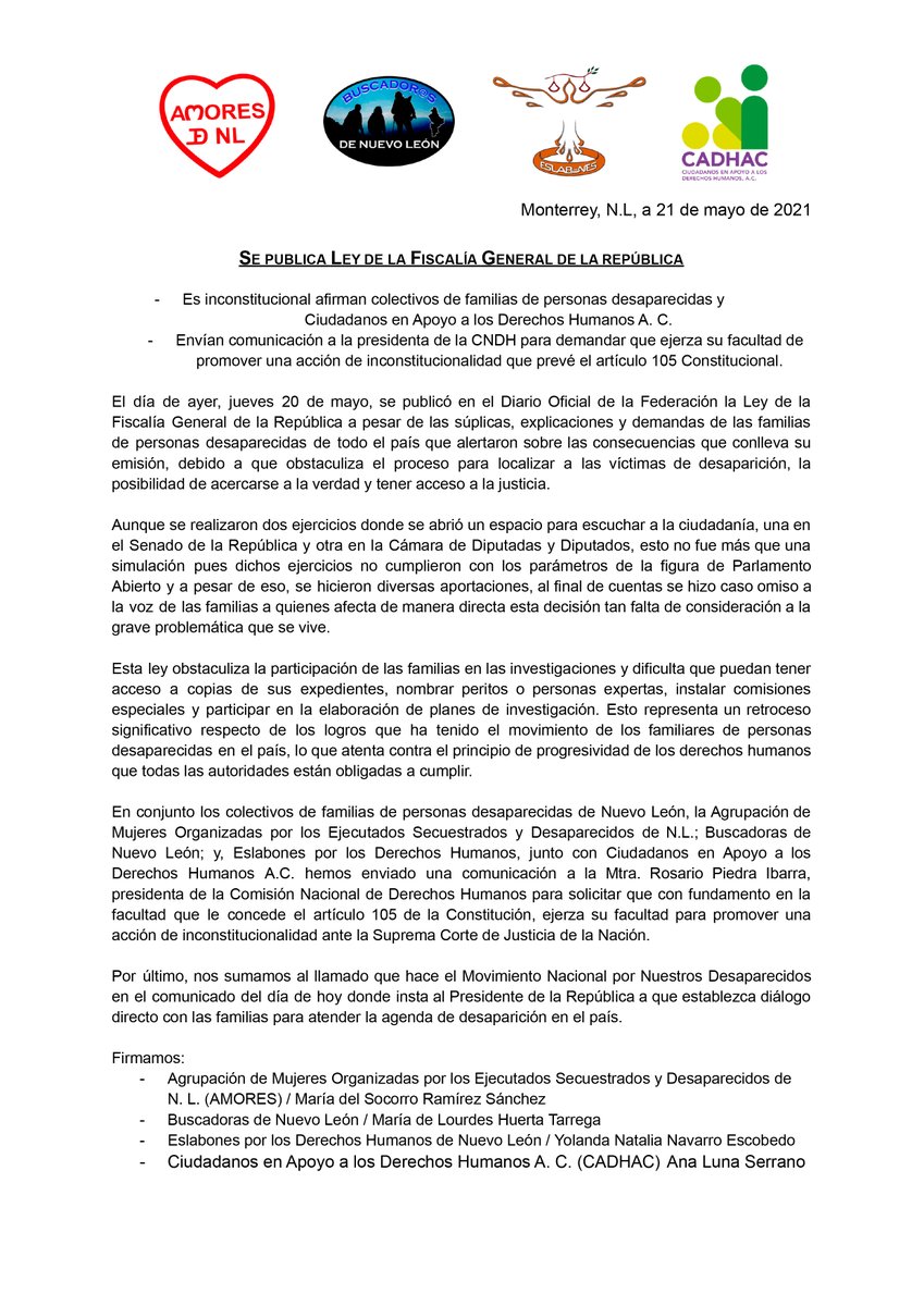 #Comunicado  📢📢📢
Ayer se publicó en el <a href="/DOF_SEGOB/">Diario Oficial DOF</a> la Ley de la #FGR 
Los colectivos de familiares de personas desaparecidas en #NL #AMORES <a href="/BuscadorsdeNL1/">Buscador@s de N.L.</a> <a href="/EslabonesNL/">Eslabones Nuevo Leon por los derechos himanos</a>  junto con CADHAC publicamos nuestra postura 
<a href="/CNDH/">CNDH en México</a> 
 
Lee el comunicado aquí 👇
 cadhac.org/se-publica-la-…
