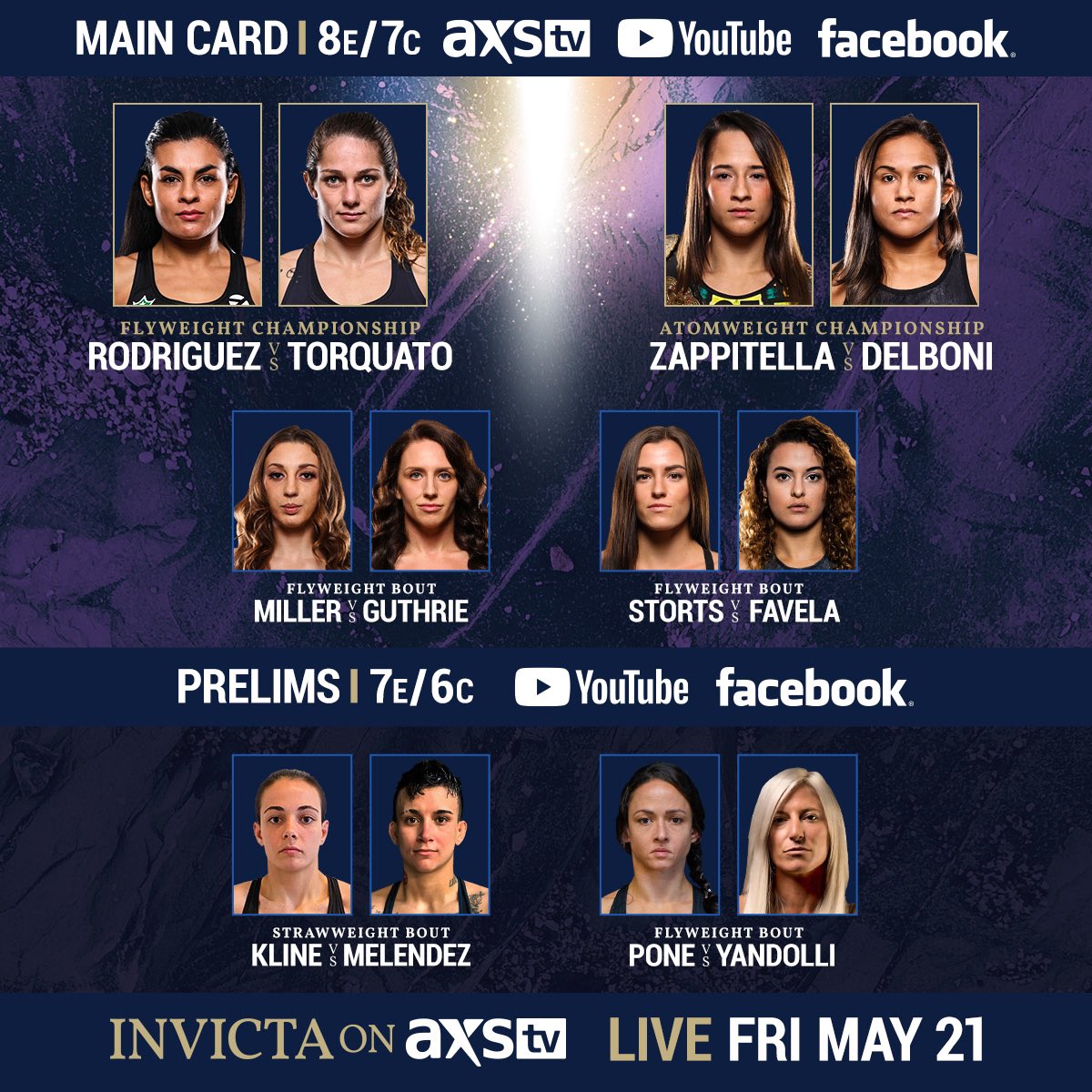 We’re back and ready to prove the doubters wrong! I’m so excited for #InvictaOnAXS: Rodriguez vs Torquato tonight! The entire event will be streamed LIVE at 7/6c on all @InvictaFights social platforms with the main card also going live on @AXSTV at 8/7c! 2 title fights, 1 night!