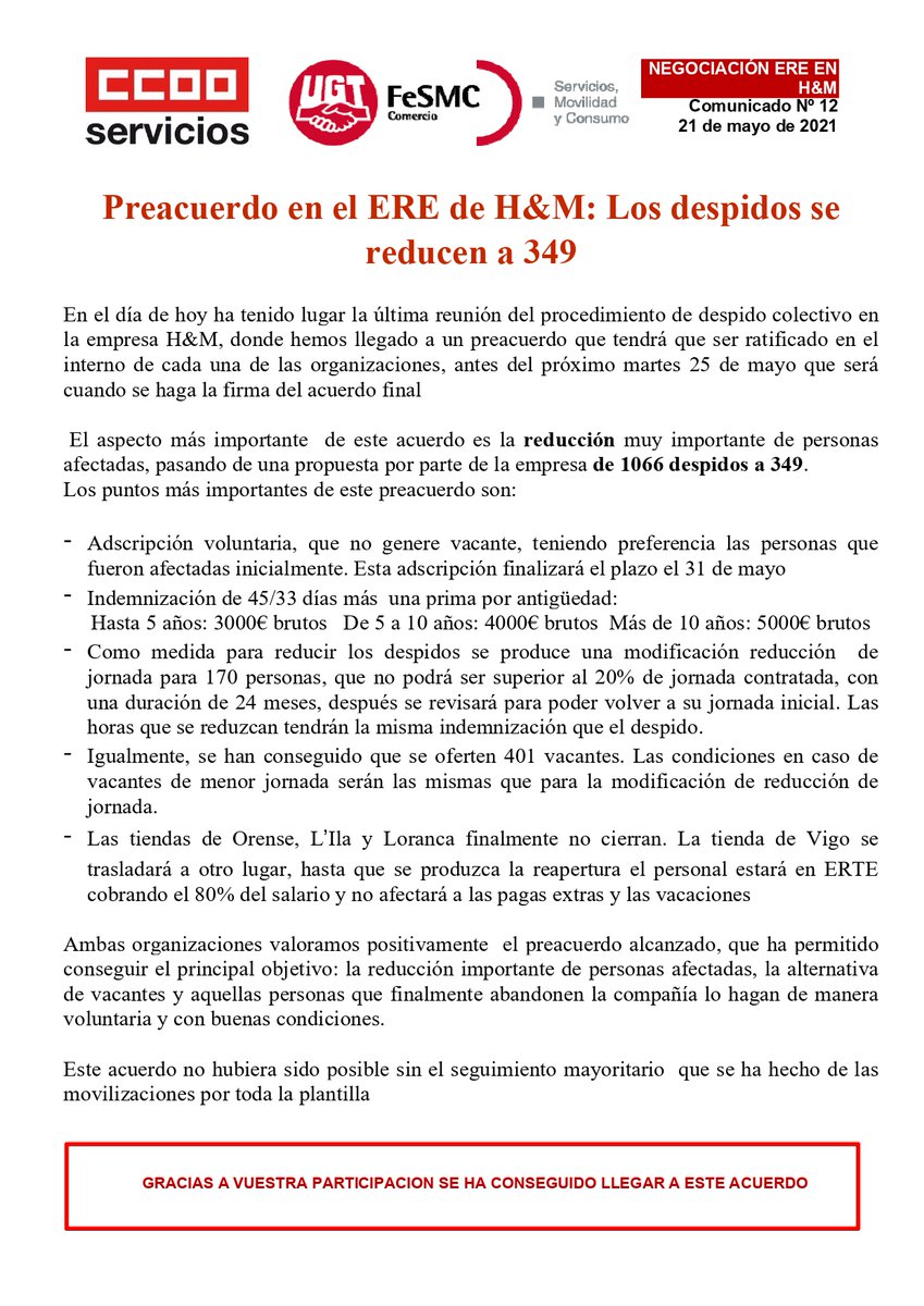 ComercioCCOO's tweet photo. ‼️Preacuerdo en el #ERE de H&amp;M‼️
✅Los despidos se reducen a 349
✅Adscripción voluntaria
✅Indemnización de 45/33 días más una prima por antigüedad

+ info:👇👇 https://t.co/3DJSanEnMV