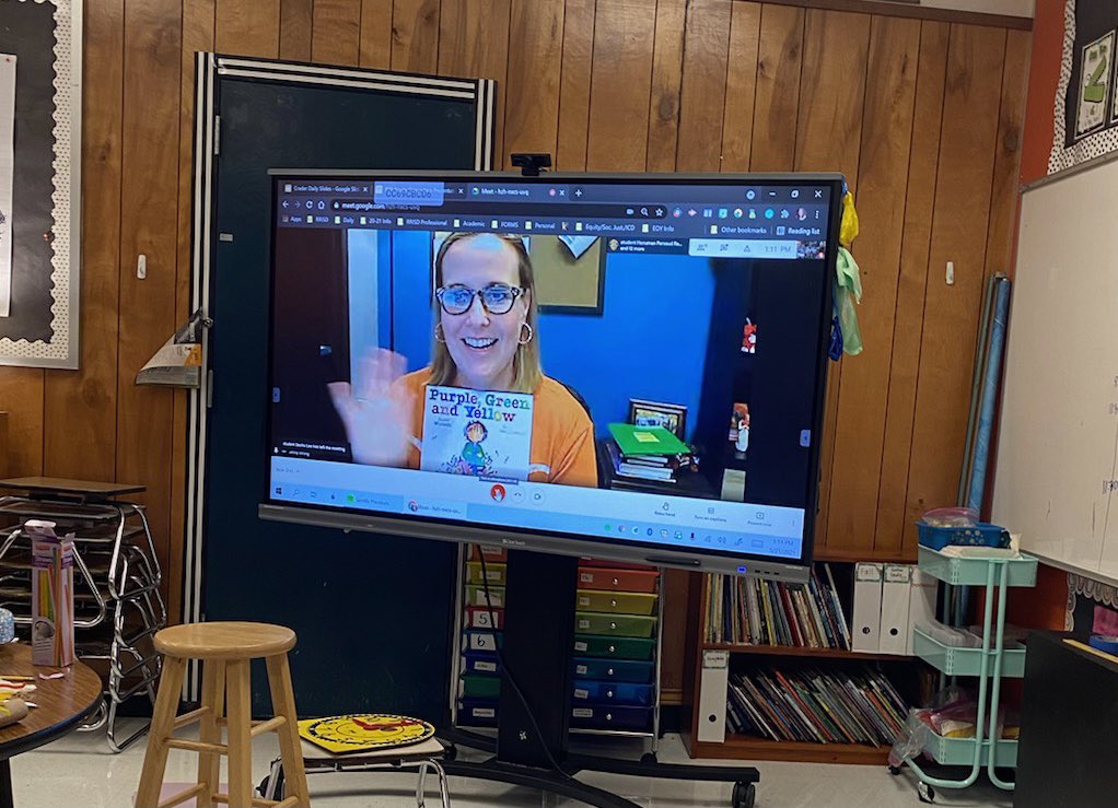 SRoohms's tweet photo. BCE’s second grade mystery reader of the day (drumroll please)... Principal Strong! Thank you for reading us Purple Green and Yellow! @jennystrong92 @BCE_BlueJays @Mrs_Crader @nmwakefie @mrs_jhendricks https://t.co/xzcBFlN8Ee