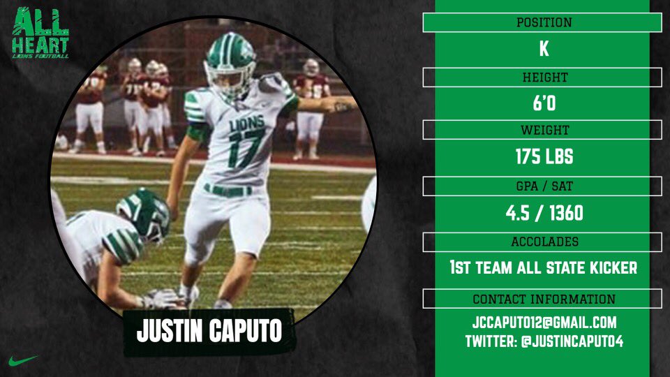 Joe Rossi (@coachjoerossi) on Twitter photo SOUTH FAYETTE (PA) 6’0 175 K
Justin Caputo (<a href="/JustinCaputo4/">Justin Caputo</a>) is a two year starter and ALL STATE kicker for the LIONS. A good kicker is such a weapon and we are glad to have #17 wearing the GREEN AND WHITE.
#AllHeart💚🤍 SOUTH FAYETTE (PA) 6’0 175 K
Justin Caputo (<a href="/JustinCaputo4/">Justin Caputo</a>) is a two year starter and ALL STATE kicker for the LIONS. A good kicker is such a weapon and we are glad to have #17 wearing the GREEN AND WHITE.
#AllHeart💚🤍