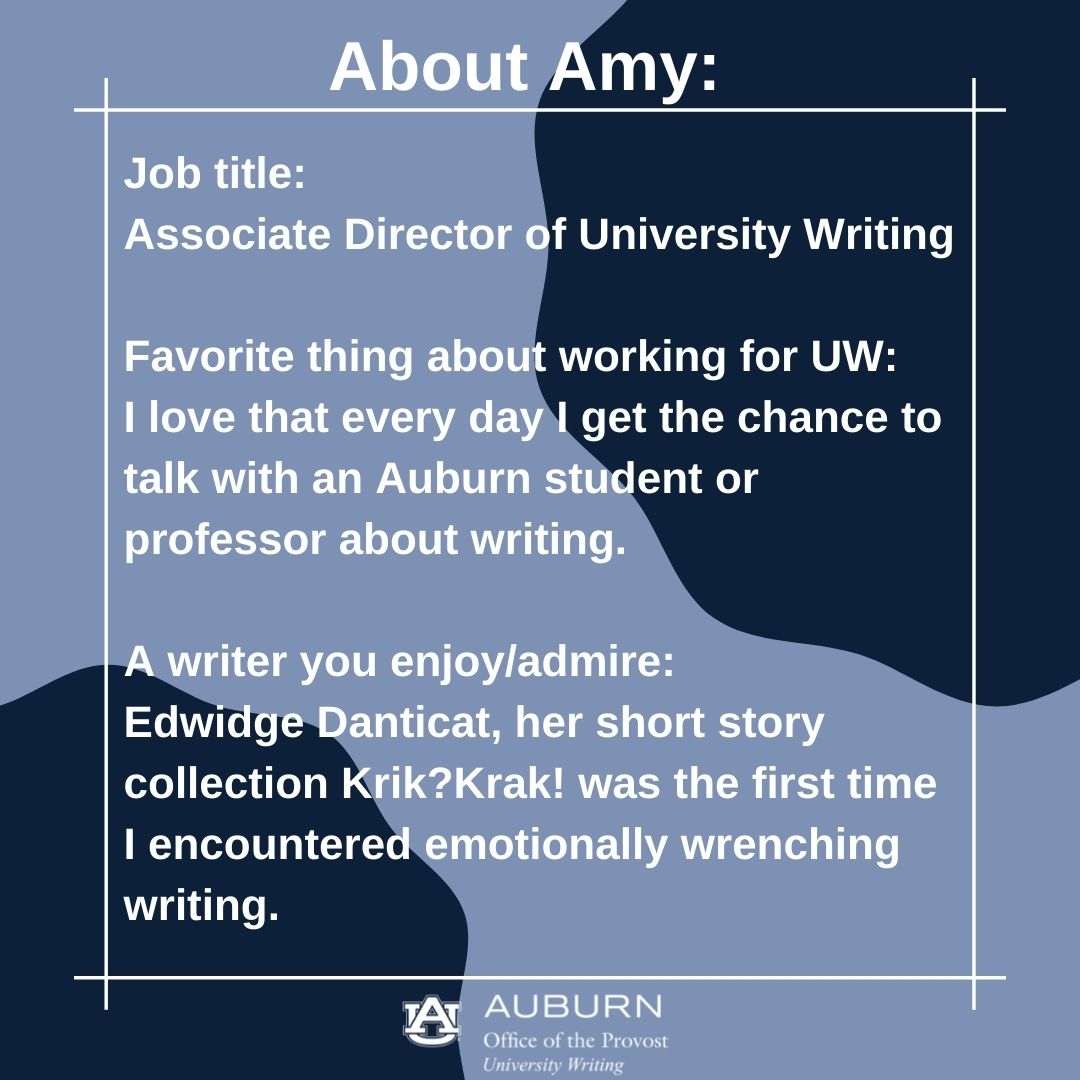 UnivWritingAU's tweet photo. Meet our fantastic Associate Director, @ciccamy! #UniversityWriting #AuburnUniversityWriting #Auburn #WritingAtAU #millerwritingcenter #MWC #auburnuniversity https://t.co/tzQGQWZAnC
