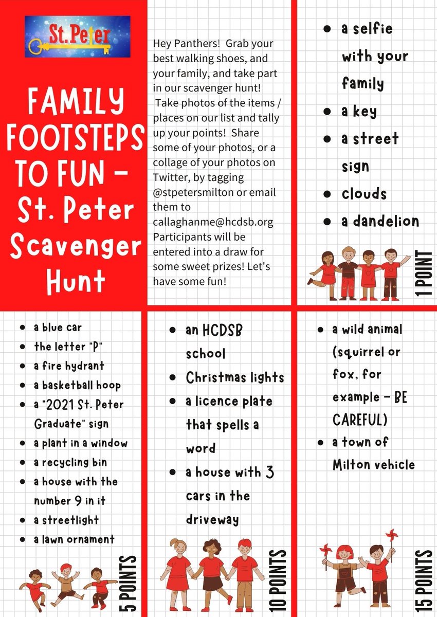 stpetersmilton's tweet photo. Need something fun and safe to do this weekend with your family? Student Parliament presents, "Family Footsteps to Fun" a neighbourhood walk scavenger hunt! Take photos, tally your points, and tweet them or email them!  #PantherPride https://t.co/mteJOKlk5Z