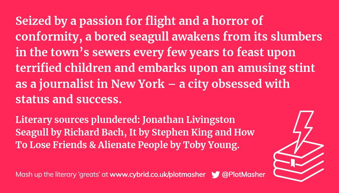 PlotMasher's tweet photo. 📚 I made this splendid literary mashup at @PlotMasher. For #PlotIdeas, #PlotPrompts or #WritersBlock, mashup your own at --> https://t.co/qWbi3pT1II <-- #RichardBach #StephenKing #TobyYoung #Mashup #Books #Literature https://t.co/Y4sPhfXoyH
