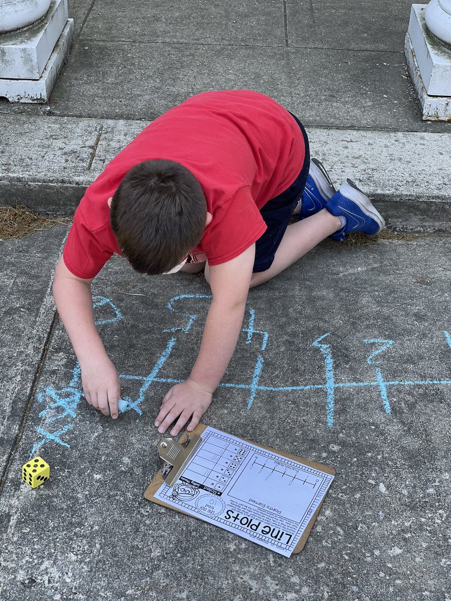 MsPoncet's tweet photo. Today we rolled dice to collect data. We then organized and graphed that data on a line plot. We practiced on paper and then decided to practice with chalk. Nothing better than math fun in the sun on a Friday! 😃 @NorthSideEW #ewlearns https://t.co/8fYkYYdL8B