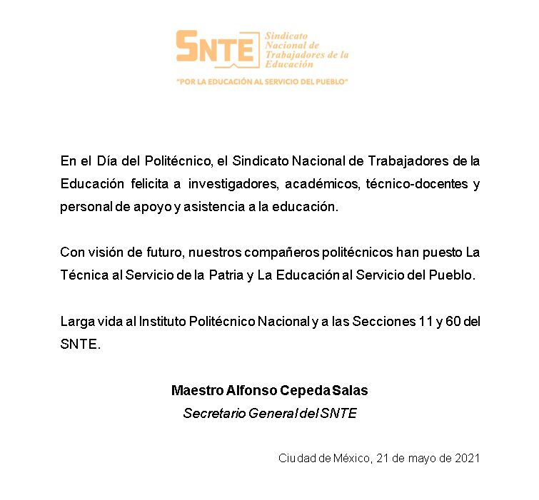 SNTE21's tweet photo. #SNTEconMéxico 🇲🇽

🔴 En el #DíaDelPolitécnico 🧑‍🎓 el #SNTE 🍎📚 y su Srio. Gral. Mtro. Alfonso Cepeda Salas felicitan a investigadores✔️ académicos✔️ técnico-docentes✔️ y personal de apoyo del @IPN_MX 🏫

👉Han puesto "La Técnica al Servicio de la Patria" 
#85AniversarioIPN ✅ https://t.co/cbOezMoCjw