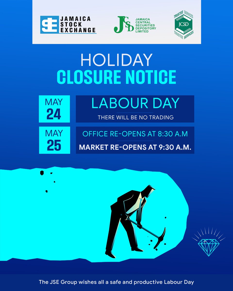 Please note that our office will be closed and there will be no trading on Labour Day, Monday, May 24, 2021. 

Regular office and trading hours will resume on Tuesday, May 25, 2021.

We wish you a safe and productive Labour Day.

#JSEClosureNotice #ClosureNotice