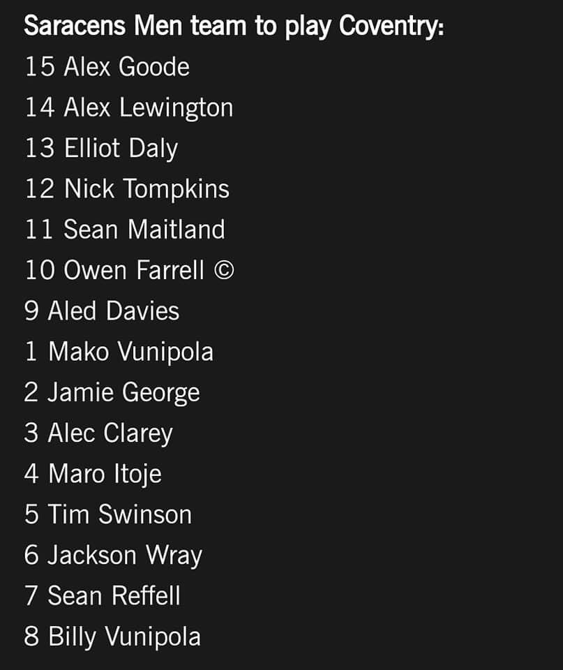 Looking at this <a href="/Saracens/">Saracens Rugby Club</a> starting XV <a href="/CoventryRugby/">Coventry Rugby</a> must be considered slight favourites <a href="/BenWisson/">Ben Wisson</a> ?#comeonCOV