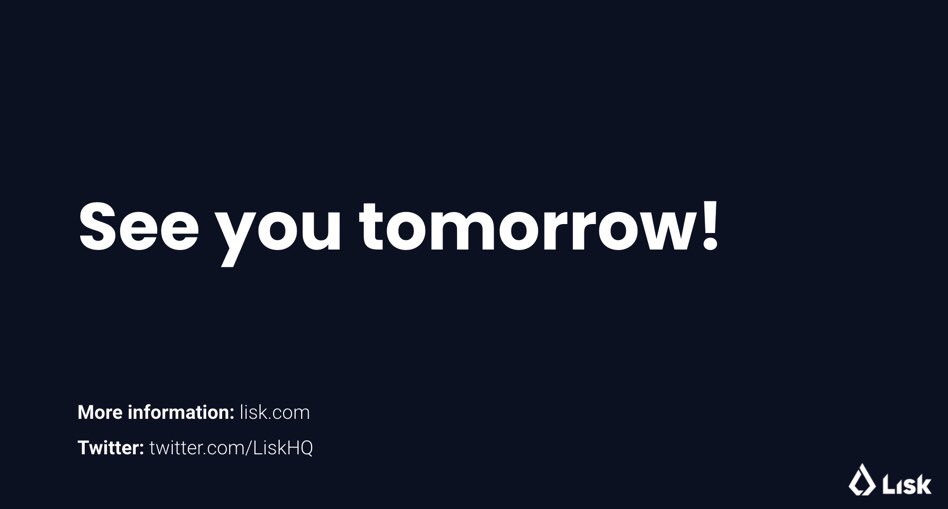 Lisk's tweet photo. 👏 That concludes Day 1 of #Liskjs2021.

📌 We will be back live tomorrow with more in-depth Research &amp; Development Presentations. 

Livestream for Day 2:
👉 https://t.co/AuJCjTPafe.

What was your favourite moment from Day 1? 💬 https://t.co/c6cyojZM9M