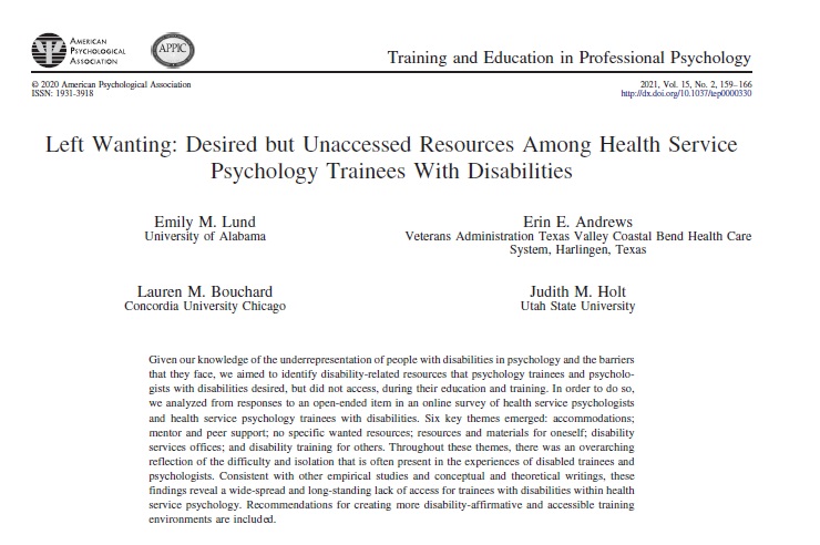 A new study by Dr Emily Lund <a href="/UofAlabama/">The University of Alabama</a> @UA_EDU_ et al looked at unmet needs of psychology trainees with disabilities. Common themes➡️Having to find resources themeselves, lack of staff knowledge, absence of mentoring &amp; stigma.
➡️Disability-Affirming Training Environments needed