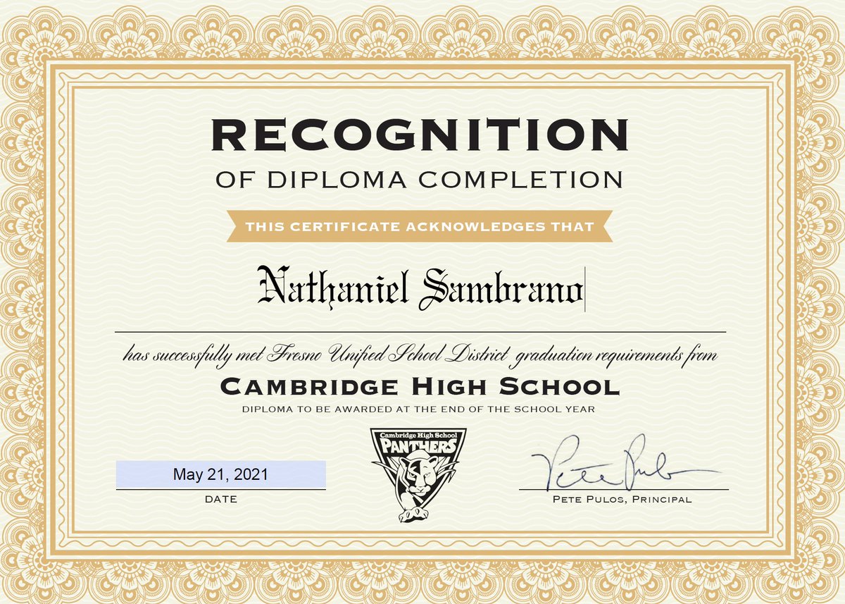 Cambridge High School is proud to announce Nathaniel Sambrano as our newest graduate. Way to go Nathaniel!!! Who's next?? Go Panthers!!! <a href="/fresnounified/">Fresno Unified</a> <a href="/MommaLoew/">Leslie Loewen</a> <a href="/center_erc/">Educational Resource Center (ERC)</a> <a href="/EdgenuityInc/">Edgenuity (now Imagine Learning)</a> <a href="/CCEAeducation/">CCEA Plus</a>