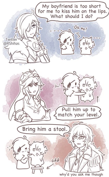 It's "My boyfriend is too tall for me to kiss" meme but in reverse

#原神  #GenshinImpact #Albekae #Kaebedo
feat. Rosaria, Diluc, Sucrose 