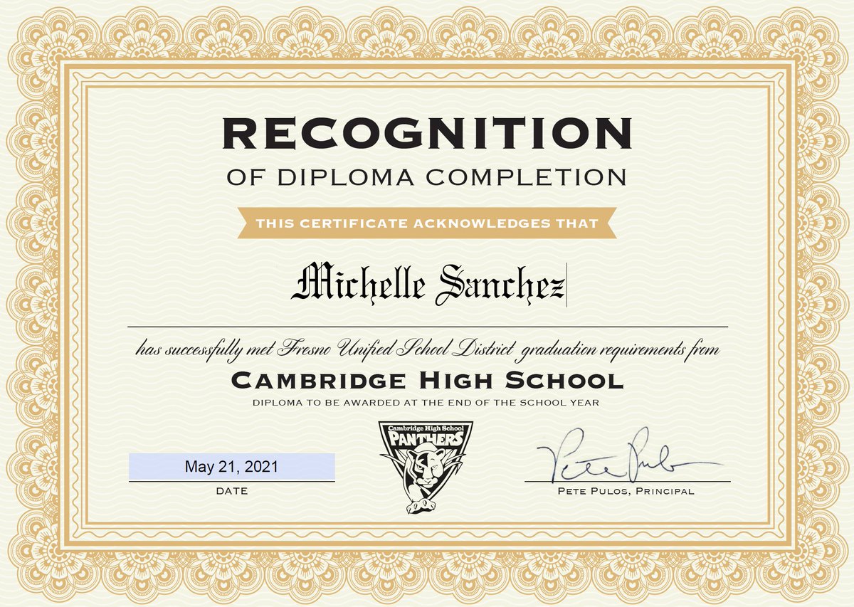 Cambridge High School is proud to announce Michelle Sanchez as our newest graduate. Way to go Michelle!!!! Who's next??? Go Panthers!!!! <a href="/fresnounified/">Fresno Unified</a>  <a href="/MommaLoew/">Leslie Loewen</a> <a href="/center_erc/">Educational Resource Center (ERC)</a> <a href="/EdgenuityInc/">Edgenuity (now Imagine Learning)</a> <a href="/CCEAeducation/">CCEA Plus</a>