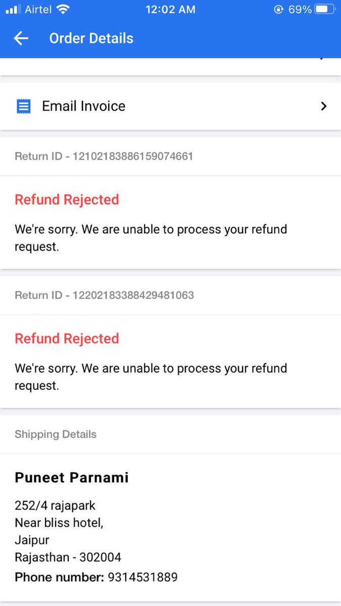 PuneetParnami's tweet photo. @Flipkart @flipkartsupport  dear sir my order id is OD121819035115338000 I have been delivered a wrong product and flipkart has been refusing refund request you to kindly resolve my issue at earliest my item return Id is 12102184773611257623 https://t.co/w63CisPDZy