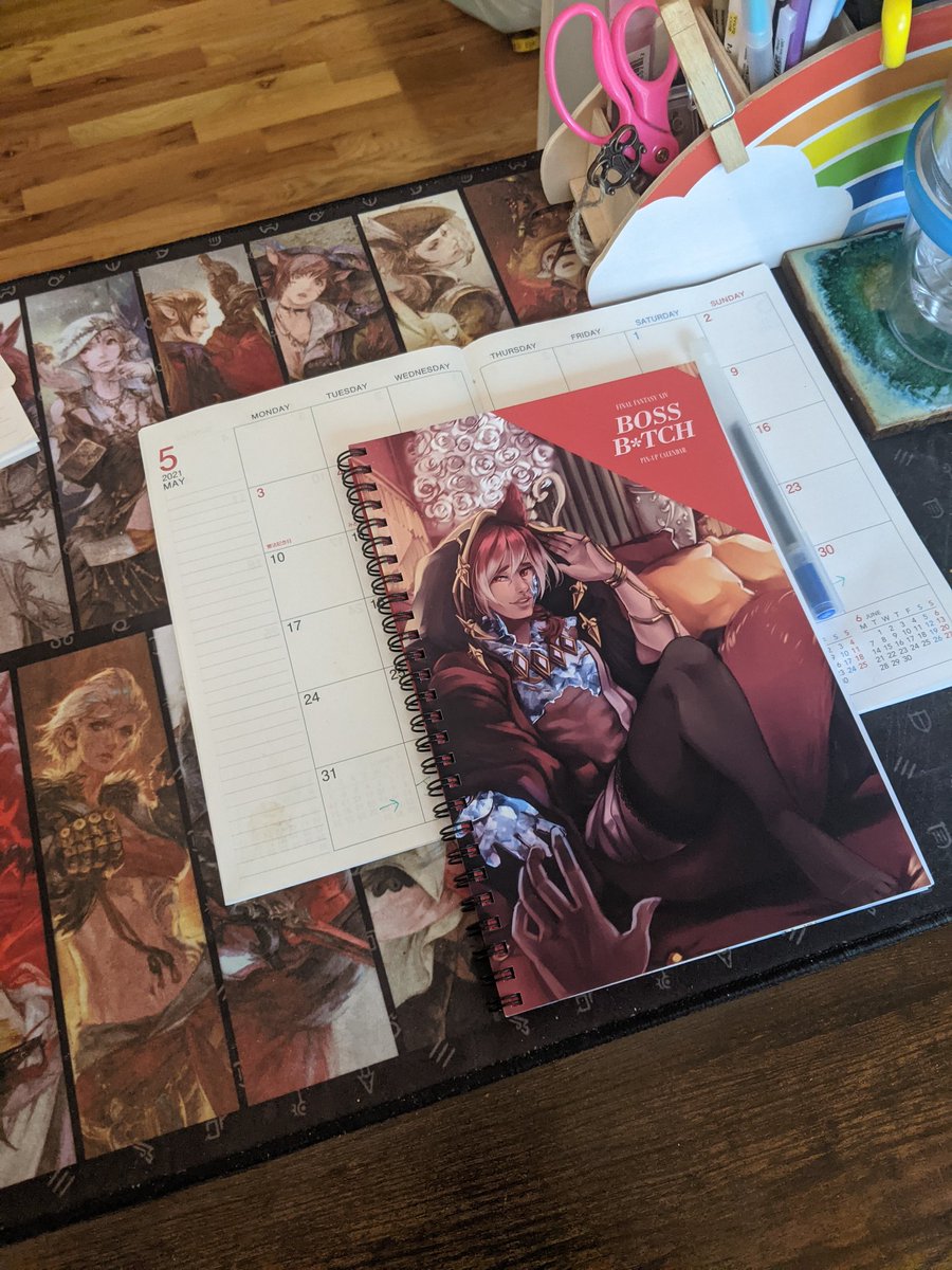 Tidying up my desk - debating whether or not to actually use my <a href="/BossBtchFFXIV/">Boss B*tch Calendar | 2023 Planning</a> calendar or keep it pristine 🥺☺️❤️