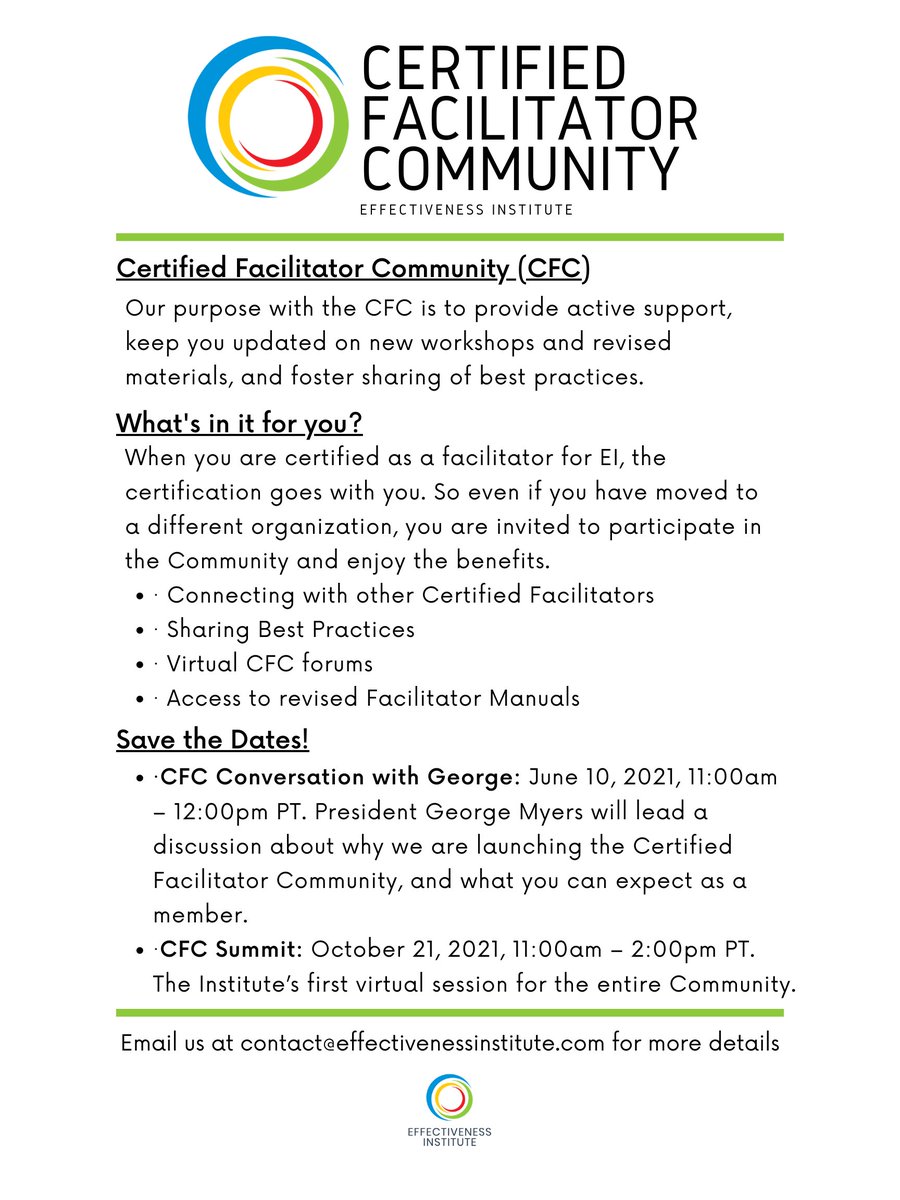 EffectivenessIn's tweet photo. We are proud to announce our new Certified Facilitator Community (CFC). If you are interested in learning more about becoming an Effectiveness Institute Certified Facilitator, email contact@effectivenessinstitute.com. We are excited to build this community! https://t.co/JVV3nBiEOw