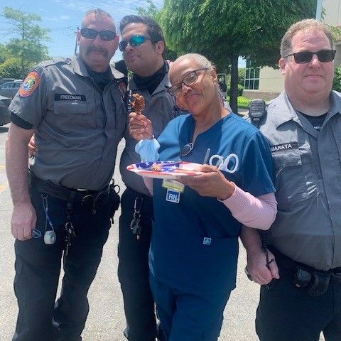StJosephLI's tweet photo. The sun shined bright at St. Joseph Hospital for the #EMSWeek Cook-Off Competition. Emergency Department Director Dr. Mathew &amp; Associate Director Dr. Chirayil showed their BBQ skills w homemade jerk pork &amp; ribs. Shout-out to all our #EMS workers, the best! #CatholicHealthLI https://t.co/b949X3Miu6