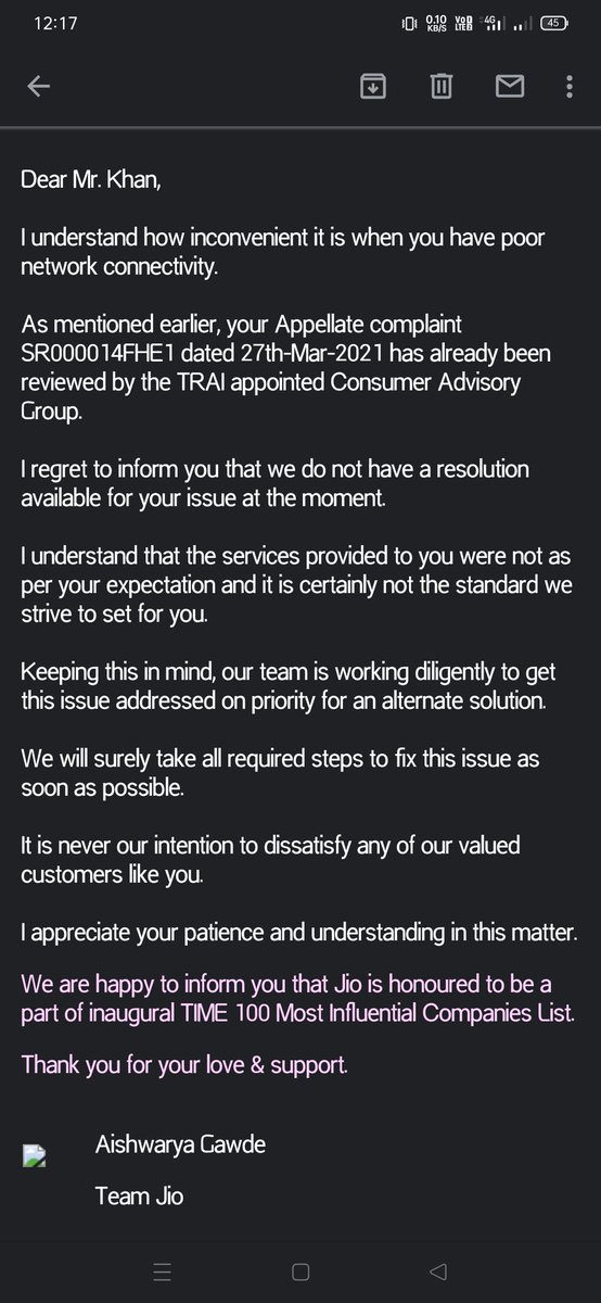 amDanishKhan's tweet photo. Wow! What a reply from @reliancejio, just shows there attitude towards customers. @DoT_India @TRAI @JioCare #JioComplaint #ShameonJio #networkissue #Trai #DOTIndia #RelianceJio #CustomerExperience @reliancegroup https://t.co/E5axPn3ail