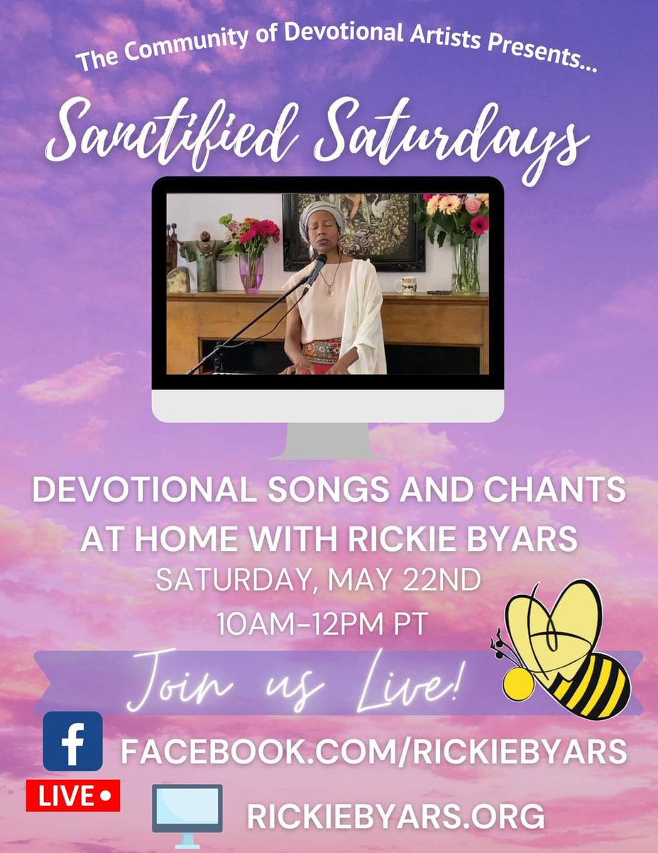 Hey Everybody! 🤗  Join us TOMORROW for SANCTIFIED SATURDAY!  Tune in right on Facebook LIVE (Facebook.com/RickieByars) from 10am-12pm PT!  Thank you for your continuing to support us and our Beautiful Devotionals!  🧡🎶🤗