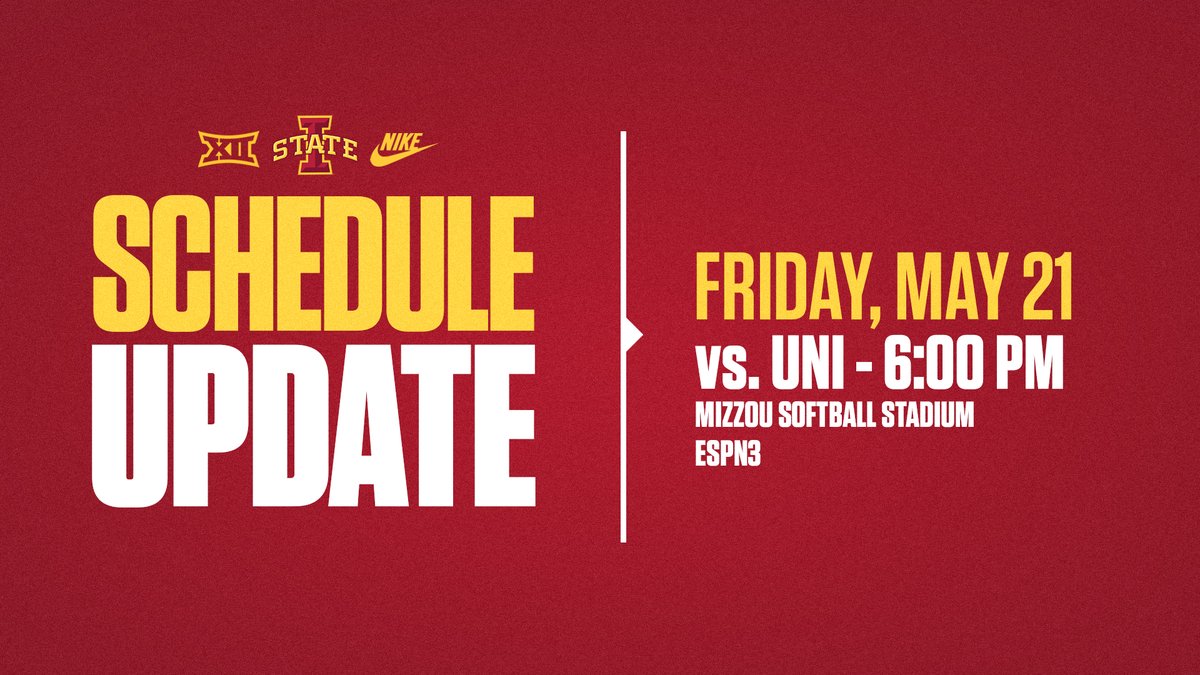 CycloneSB's tweet photo. 🚨 SCHEDULE UPDATE (part 4⃣) 🚨

Today's NCAA Regional game vs. UNI has been delayed until 6 p.m. CT this evening.

#Cyclones🌪️🥎 https://t.co/tU95e1JVtU
