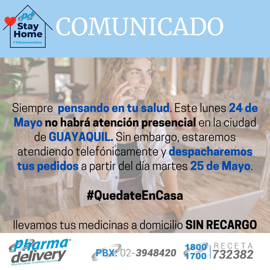 DeliveryPharma's tweet photo. Por que tu salud es lo más 🏆 importante para nosotros 🤗.
Este lunes 24 de mayo las puertas de Pharma Delivery estarán abiertas de 09:00 a 14:00 en la ciudad de #Quito, y en #Guayaquil #PharmaDelivery #TeQueremosSano #1800RECETA #FarmaciaaDomicilio #quedatecasa #Comunicado https://t.co/HO2inpfb3j