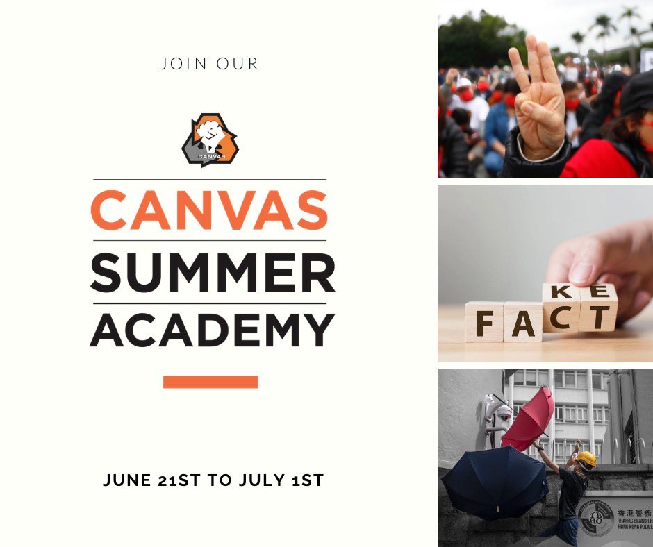 CANVASNVS's tweet photo. 📣💥Join us for our FREE annual CANVAS Summer Academy!💥📣

We are excited to offer four online sessions focusing on topics ranging from global non-violence to how the pandemic has influenced activism.

Register here: https://t.co/maIkvfByMt

#humanrights #globalactivism https://t.co/yNCDhJVhm8