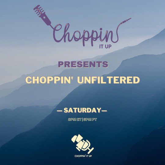 choppinit_'s tweet image. We’ve got a special chat on tap tomorrow...introducing: Choppin’ Unfiltered! Tune in tmrw at 8pm EST for a special Saturday night ~unfiltered  convo~ with our original four hosts (and come prepared to join the conversation - call-ins encouraged!).  🎙🎤🎙
twitch.tv/dreblouses