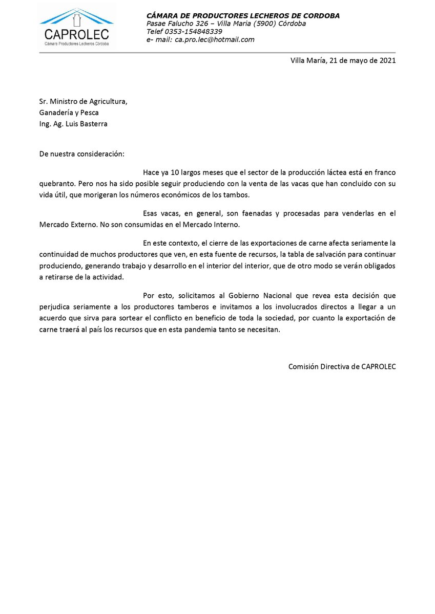 CAPROLEC's tweet image. NOTA SOBRE EL CIERRE DE EXPORTACIÓN DE CARNE