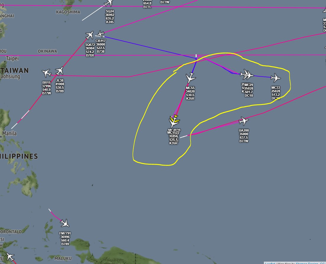 thebaldgeek's tweet photo. Tanker Tweet Thread.
As pointed out by @TheSnoopySnoop there is a bit going on south of Guam.
There are 6 aircraft (the 7th is a backup?) involved.
@PacificAirwaves reports Coronet West 468 was the mission.
He found the following callsigns as listed in the next Tweet. https://t.co/MVXkBvE6w0