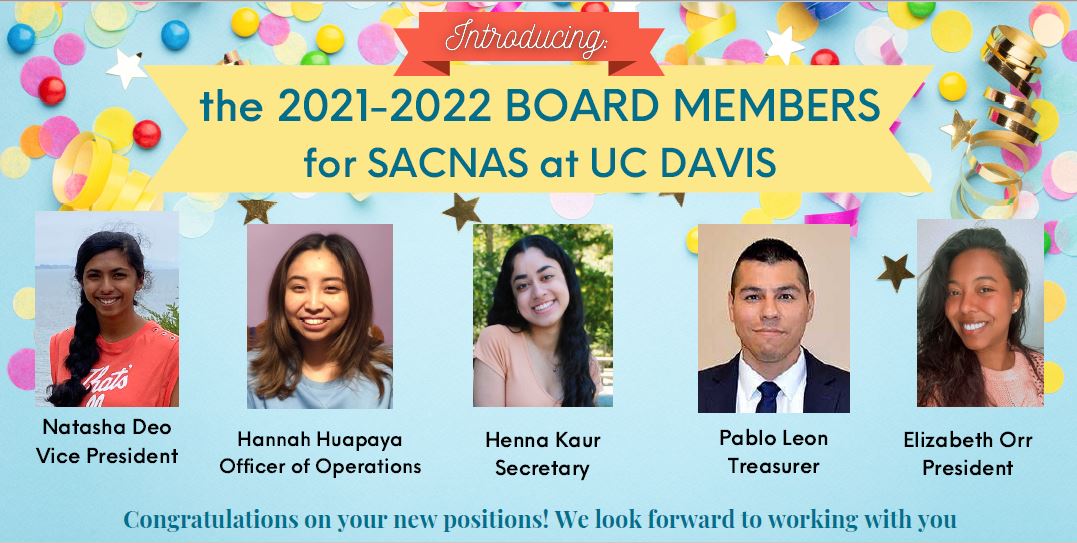 Thank you to Emmanuel Lanuza (President) and Taylor Busby (Officer of Design) for their incredible leadership and service to SACNAS at UC Davis this past year. Congratulations on your upcoming graduations!

Please help us welcome the 2021-2022 UC Davis SACNAS Board Members!