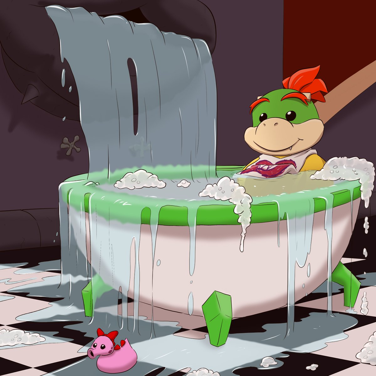 Cherubas's tweet photo. A VERY MISTAKEN friend of mine was recently talking about BJ having bad hygiene. So here's a bathing Junior. #bowserjr #mario #nintendo #fanart #bathart #getamop https://t.co/DilGTSw5UU