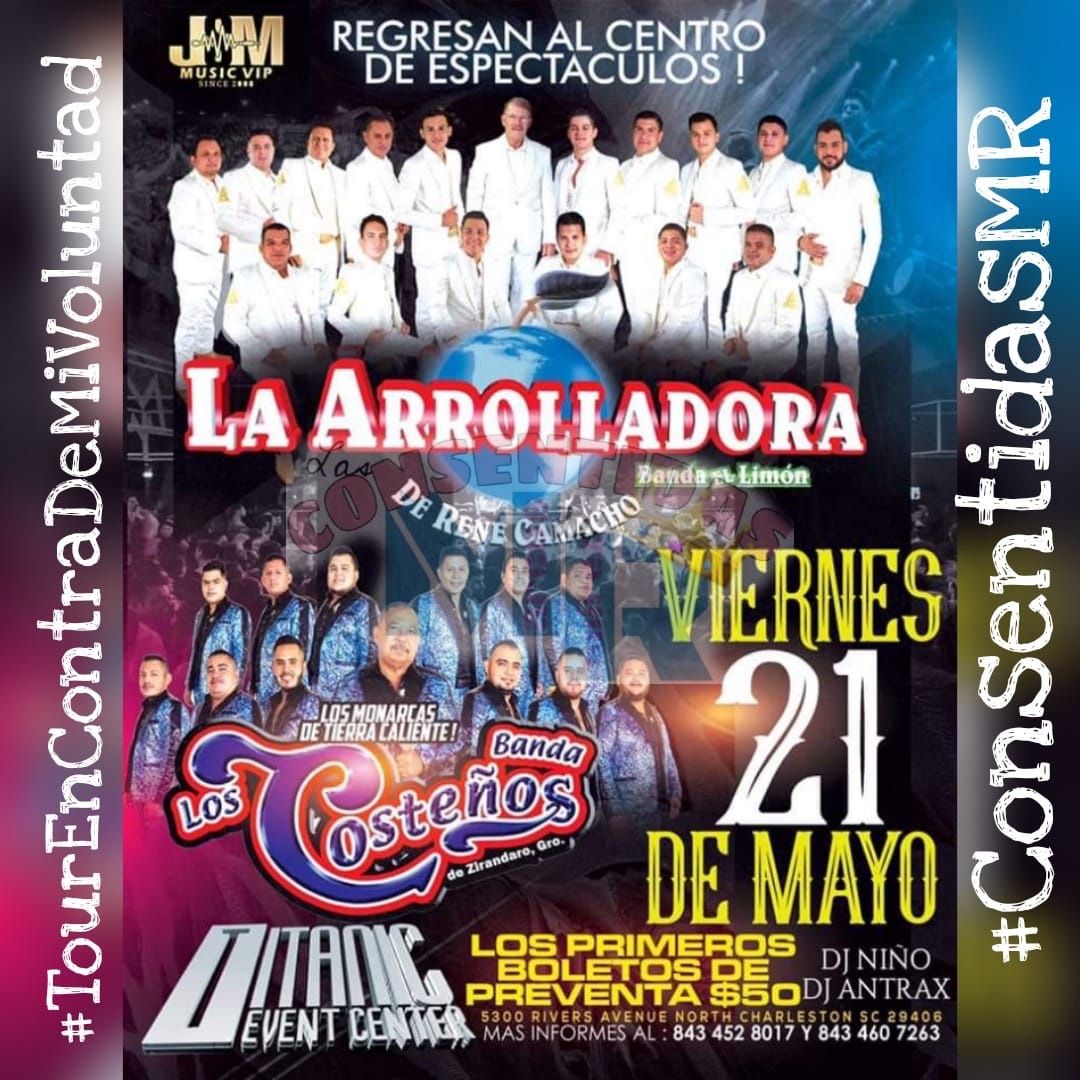 ConsenMRMich's tweet photo. Hoy la @Arrolladora Banda el Limón llegá a Charleston, NC. 
¡Ven y Vive la Experiencia!
#TourEnContraDeMiVoluntad.
@LasConsenMR @marcos_abl ❣️🍋🎶

Ya pueden disfrutar de su más reciente video "Y no eras tú quien decia" 👇🏻👇🏻
https://t.co/tguJ3EXlbE https://t.co/xO60cGNdCp