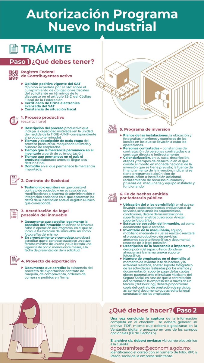 SNICEmx's tweet photo. 🚨¡ATENCIÓN!🚨

Conoce los requisitos y pasos a seguir para tramitar un Programa IMMEX NUEVO bajo la modalidad INDUSTRIAL⤵️

📑Descarga el archivo➡️https://t.co/KPa3CI74S9

📝Checklist➡️ https://t.co/EEduKfZcFL 

¿Dudas o comentarios🤔? Escríbenos a atencion.immex@economia.gob.mx https://t.co/RliQLp8pyd