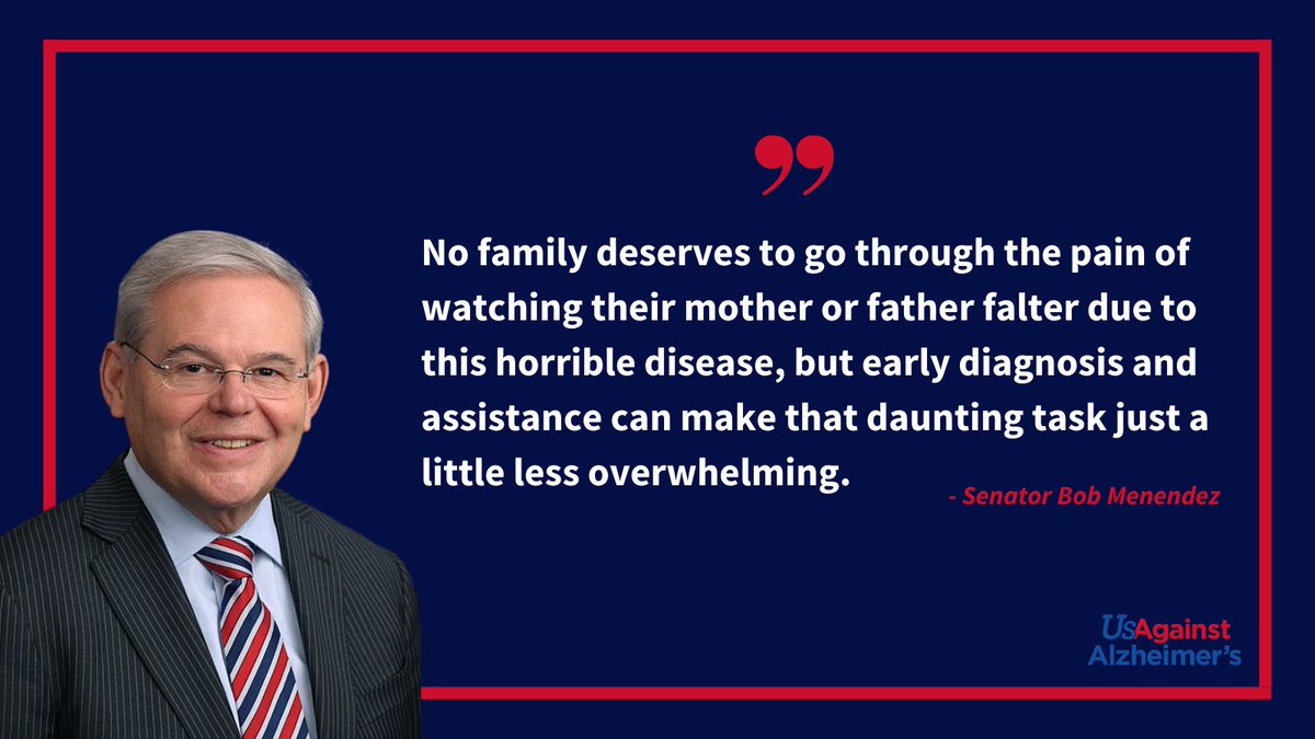 UsAgainstAlz's tweet photo. Thank you @SenatorMenendez for sponsoring the #CHANGEAct & helping to lead the charge on the importance of early detection of #Alzheimers. Earlier detection providers caregivers with more valuable time to plan for treatment and care of their loved one with #Alz. https://t.co/sJuSzlL6ly