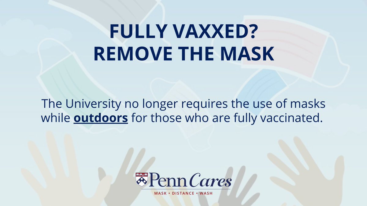 COVIDPenn's tweet photo. Being fully vaccinated means that it has been two weeks since the final dose of a COVID-19 vaccine. 

Minors and those participating in summer camps are still required to wear masks while on campus, regardless of vaccination status. https://t.co/hufQ6XMuCg