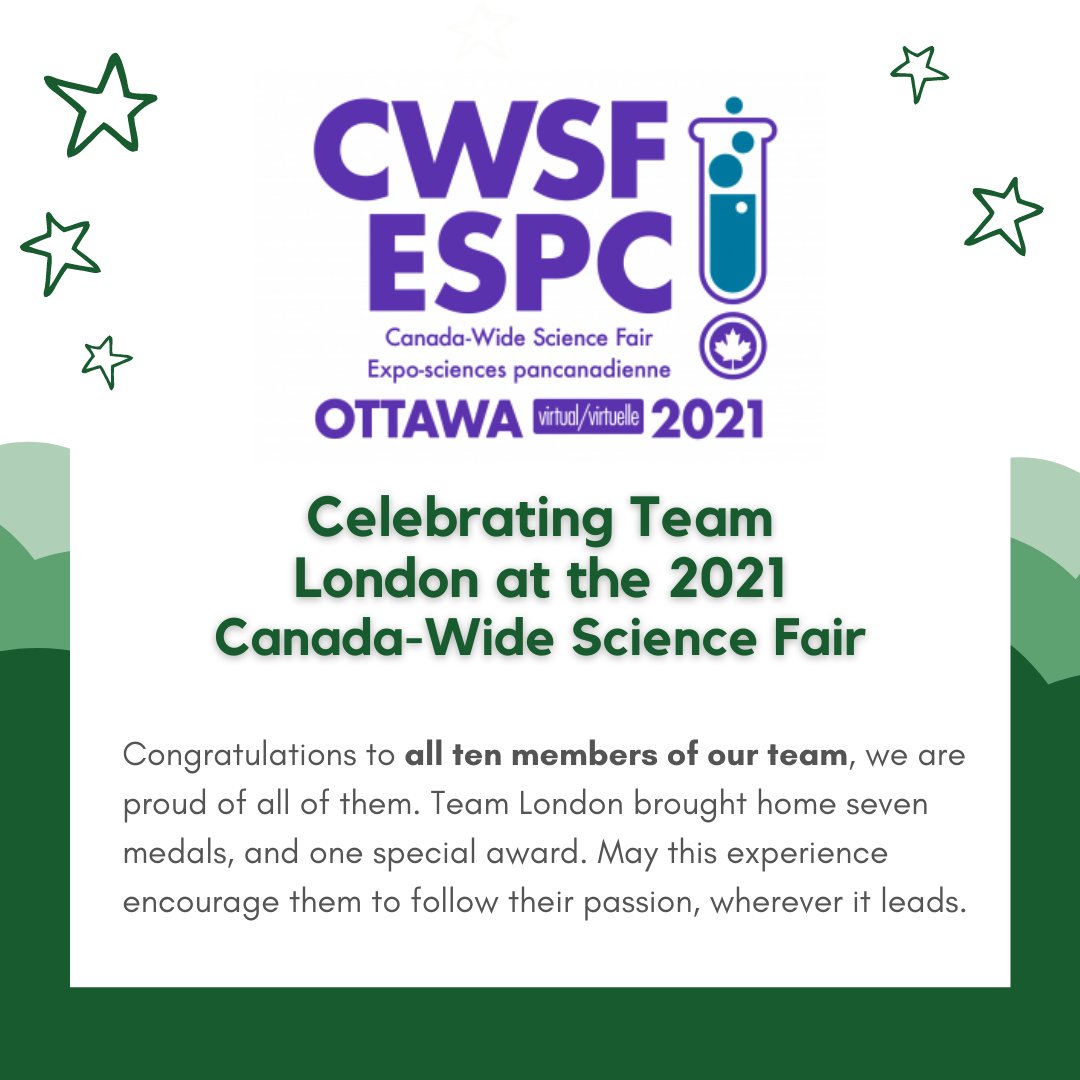 TVSEF's tweet image. 2021 Canada-Wide Science Fair winners have been announced! Team London won 7 medal winners and a Ted Rogers award. Amazing work from all ten of our finalists, we are so proud. Full results on youthscience.ca/science-fairs/…
#monESPC #STEM #CWSF #ESPC #MyCWSF #ScienceIsCool #LondonOntario