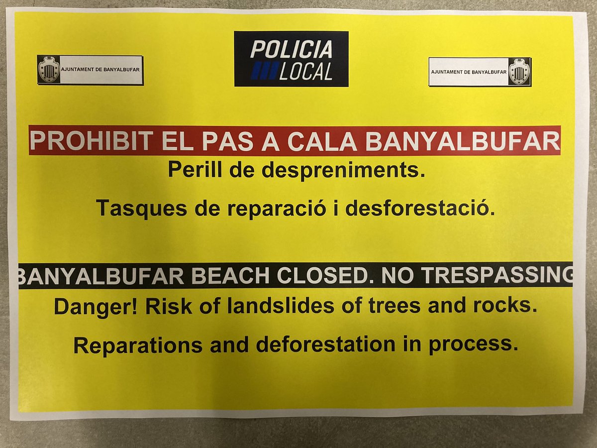 ⚠️🚷

Per tasques de reparació, la cala de #Banyalbufar romandrà tancada fins a nou avís, ja que hi ha risc de despreniments!!