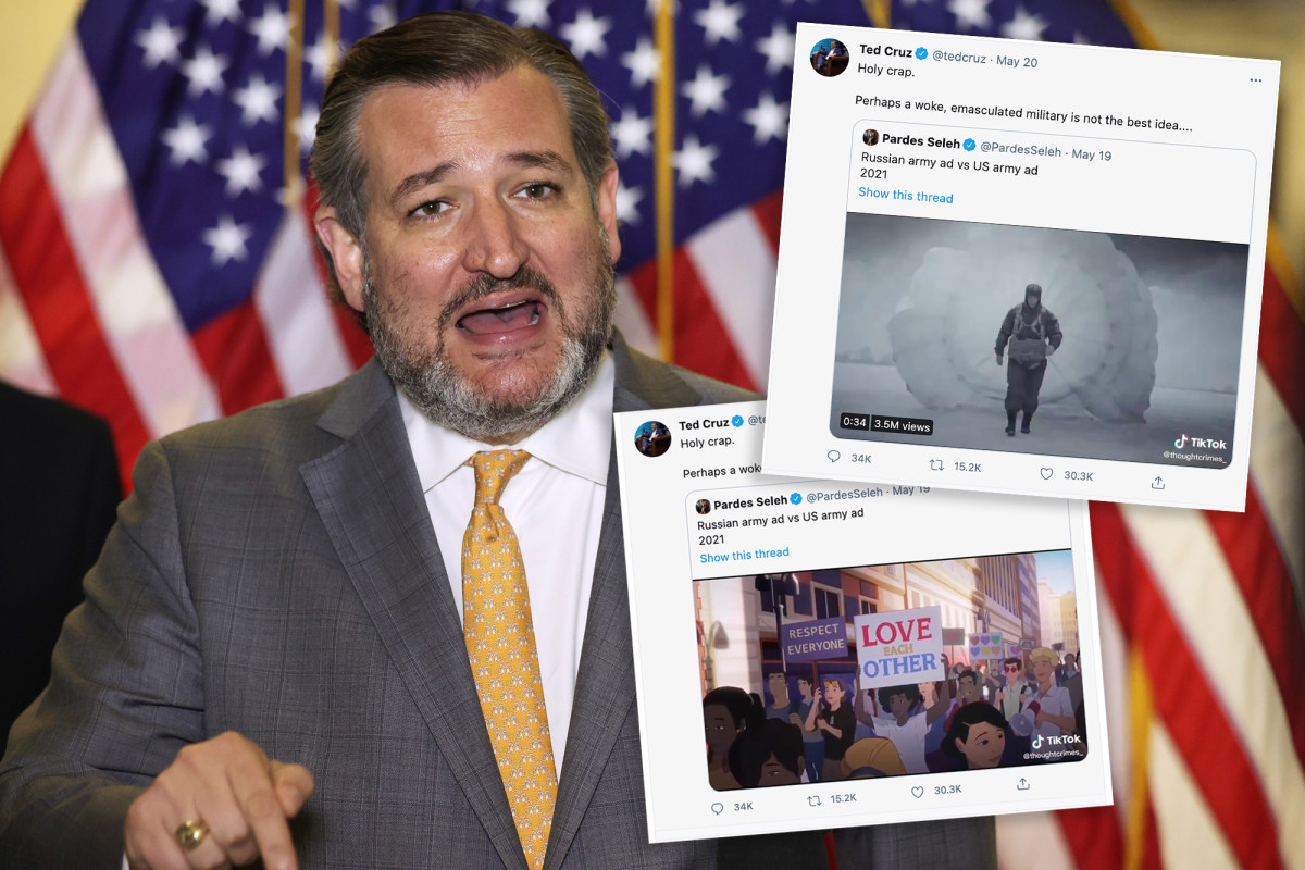 nypost's tweet image. Ted Cruz under fire for blasting 'woke, emasculated military' recruitment ad trib.al/o3ROLDX