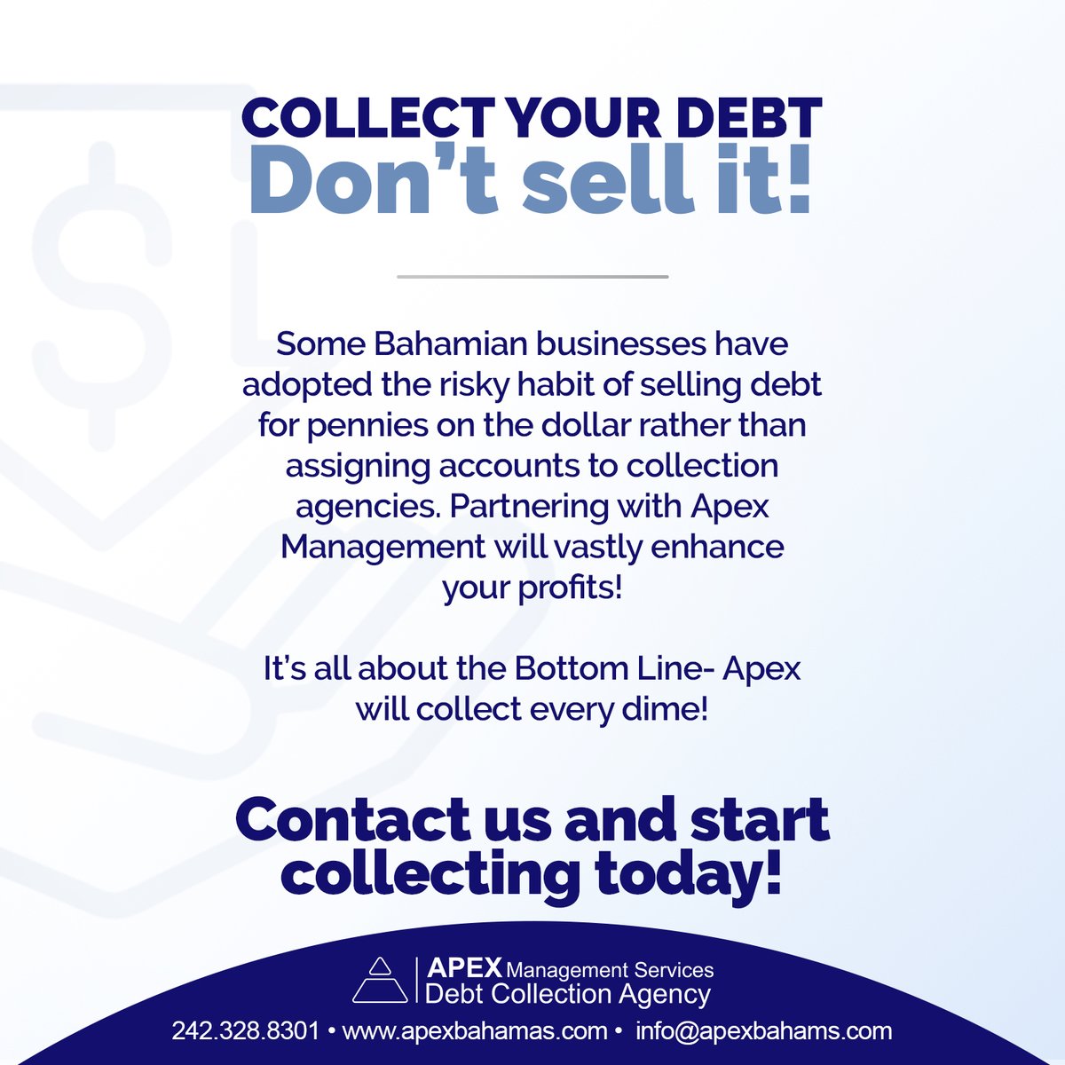 ApexBahamas's tweet photo. Selling your debt at a heavily reduced rate is risky and unfair to you.
You have worked hard for your money. Collect it!
#apexadvantage #debtcollector #debtcollection #debtcollectionbahamas #corporatedebt #apexmanagement #alwayspursuingexcellence https://t.co/P6S1Kqj7x1