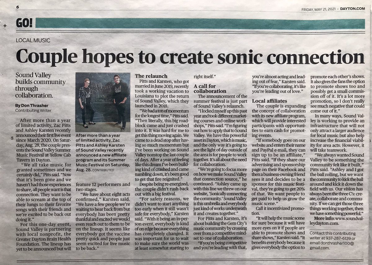 Thank you to Don Thrasher for helping to spread the word about the upcoming summer festival, and our mission to collaborate and help “sonically connect” the local music scene to the community! ❤️ <a href="/daytondotcom/">Dayton.com</a> 

#soundvalleydayton #soundvalley #daytondailynews