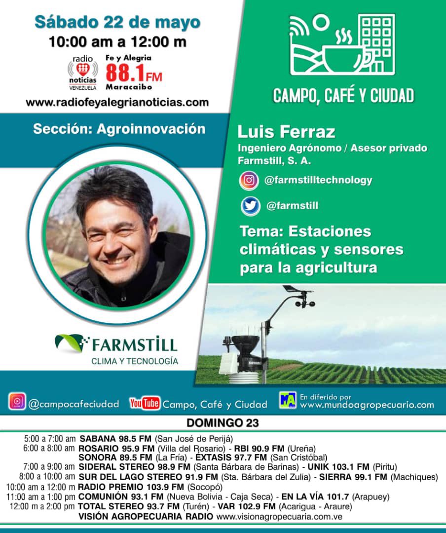 AGiraudG's tweet photo. Escuche mañana sábado 23 al colega y amigo Luis Ferraz R. en @campocafeciudad en la sección #Agroinnovacion de 10 am a 12m por https://t.co/s67f3jHLA8 88.1 FM con el tema “estaciones climáticas y sensores para la agricultura” #Farmstill @wernergutierrez @pr_solorzano ❄️🚜 https://t.co/h9g9bp7S5z