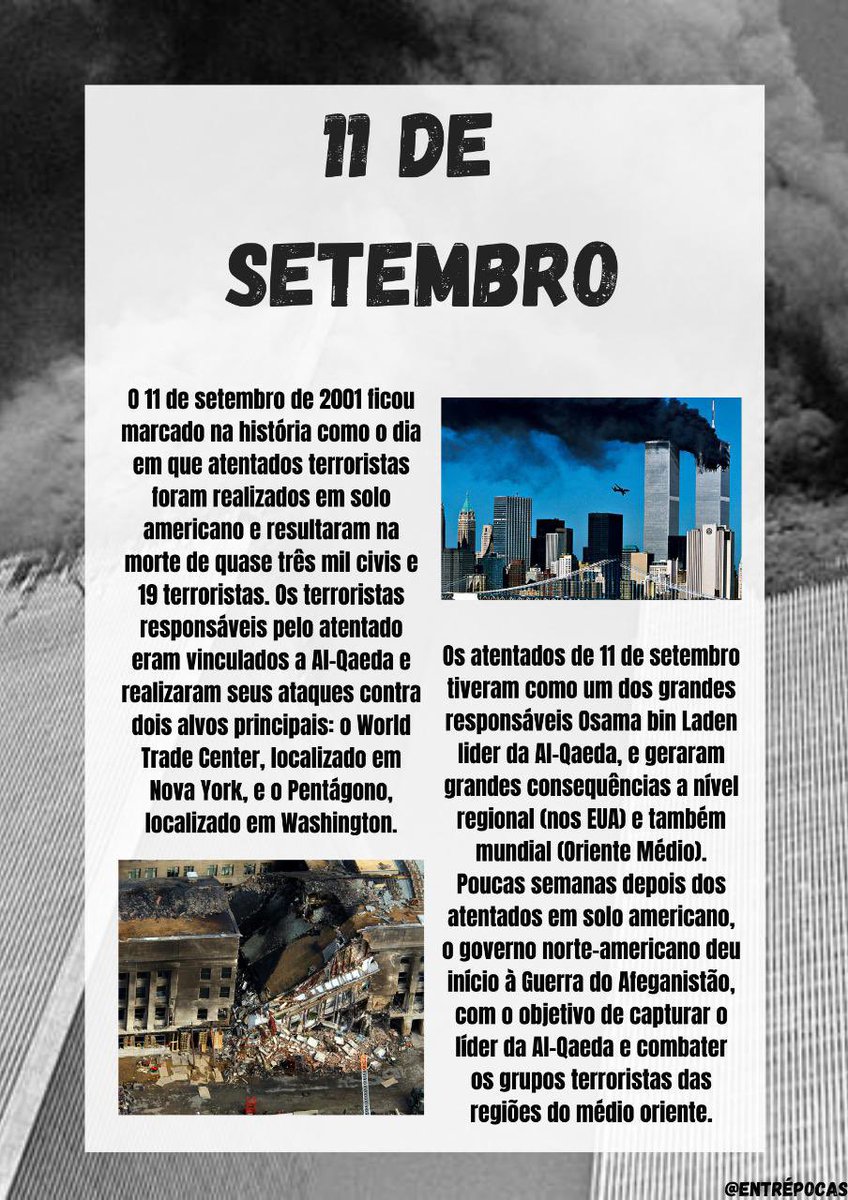 entrepocas's tweet photo. O 11 de setembro é uma consequência direta da política de Hard Power
americano nos países do Oriente Médio durante o século XX, pois quase 60 anos depois dos
Ataques a Pearl Harbor durante a segunda guerra mundial, os americanos foram novamente
atacados em seu pr��prio território. https://t.co/XdqlDTt2AG